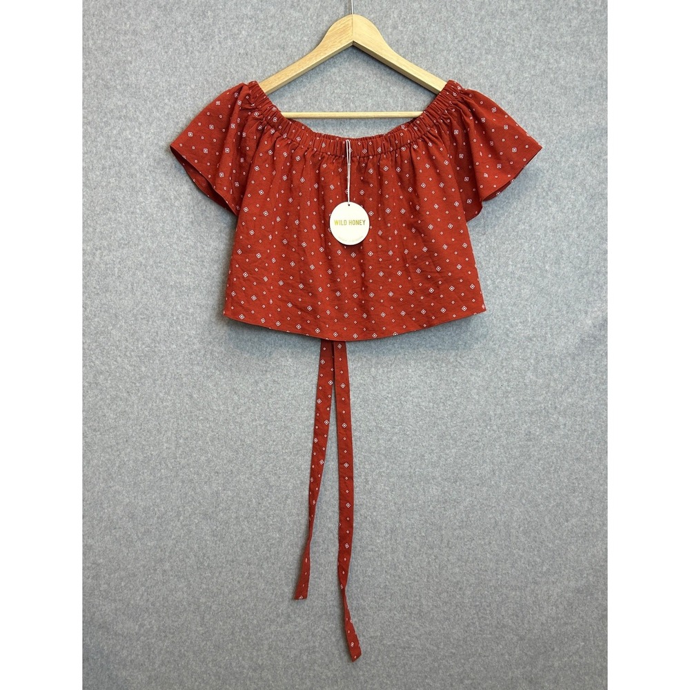 Wild Honey Crop Top Western Boho Rust Orange Off Shoulder Tie Back Sz Small NWT